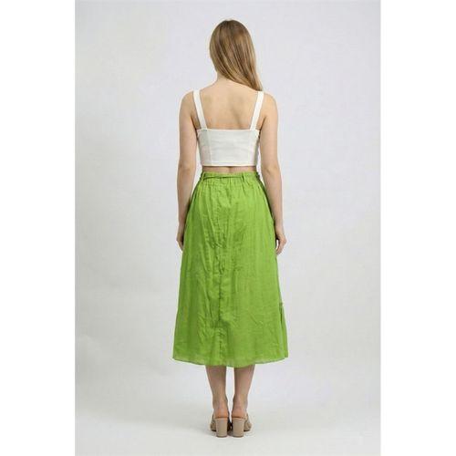 Canan Vual Bağlama ve Lastik Detay Midi Boy Yazlık Otantik Etek Fıstık Yeşili fysl