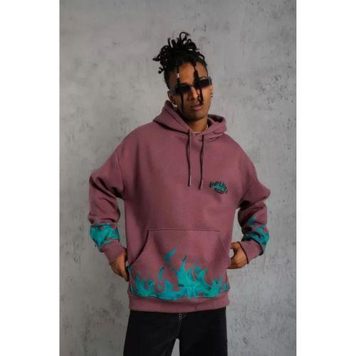 Erkek Üç İplik Içi Pamuklu Alev Baskılı Kapüşonlu Sweatshirt - Gül Kurusu