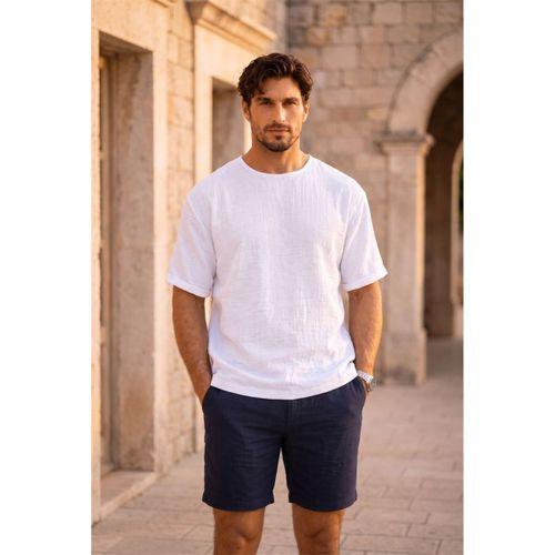 Godard Relax Fit %100 Pamuk Müslin Kumaş Duble Kol Bisiklet Yaka Erkek T-Shirt - Beyaz