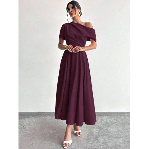 Kadın Omuzdan Açık Kısa Kollu Omuzdan Pileli Uzun Janjan Krep Elbise