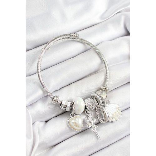 316L Çelik Beyaz Zirkon Taşlı Yıldız Melek İstiridye Ve Kalp Model Gümüş Renk Charm Bileklik