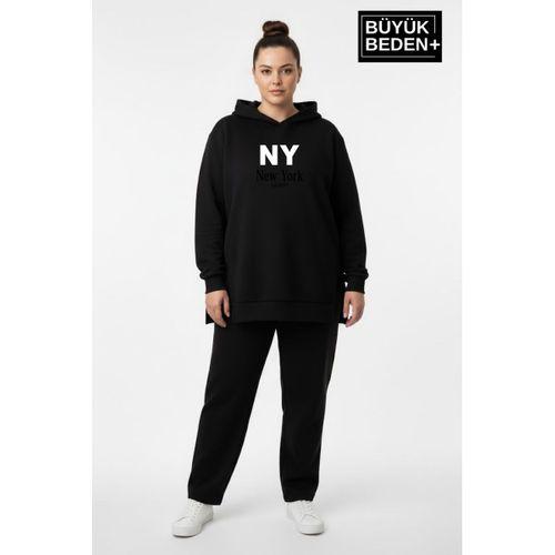 Büyük Beden Kapşonlu NY Newyork Baskılı Tunik ince Sweatshırt  SPR26BTK991-1