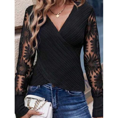 Kadın Uzun Kollu Kruvaze Yaka Kolları çiçek Tül Desenli şardonlu Kaşkorse Bluz