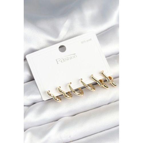 Pirinç Gold Renk Kalp Yıldız ve Halka Model 925 Ayar Gümüş Çivili Kadın Küpe Seti