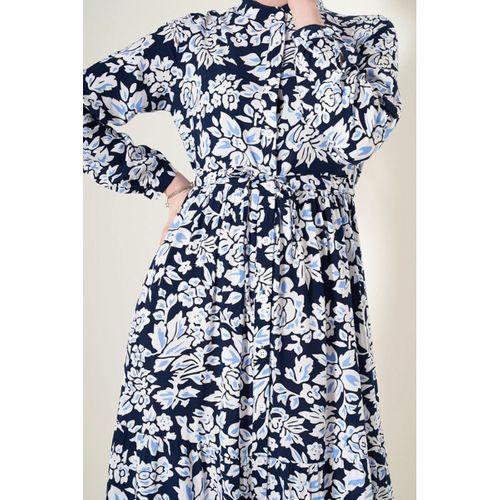 2144 Hakim Yaka Tesettür Elbise - Lacivert