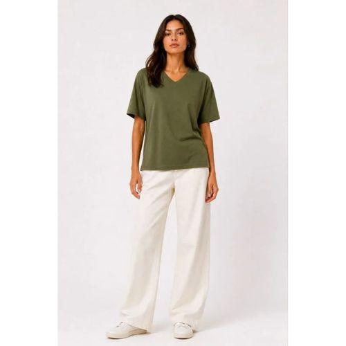 V Yaka Basic Tişört Kısa Kol Yazlık Regular Fit T-Shirt - Haki