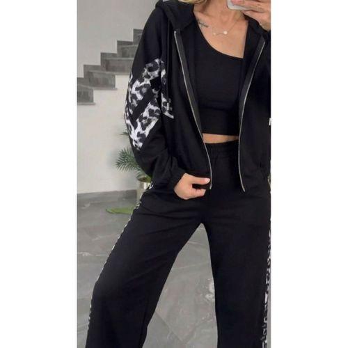 Kadın Uzun Kollu Kapşonlu önü Fermuarlı Leopar Desenli Modal Bluz Ve Pantolon Ikili Takım