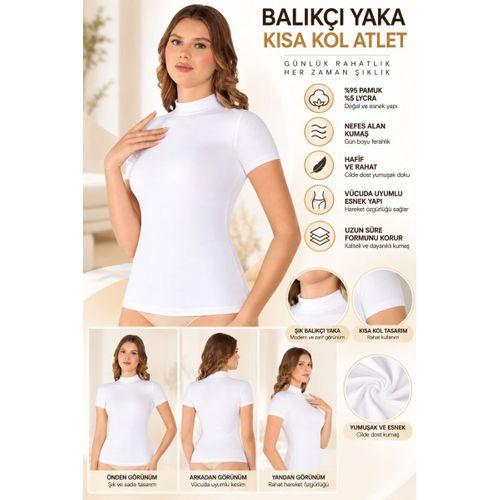 Kadın Balıkçı Yaka Kısa Kol Atlet Beyaz, Esnek Kumaş, Vücuda Oturan Basic Body - ryl - 2611