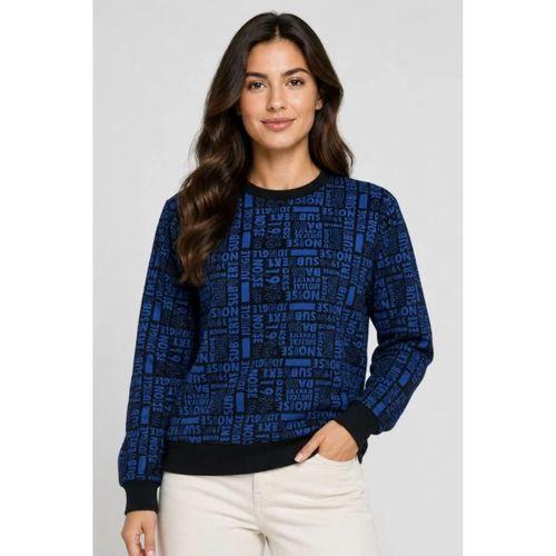 Siyah Mavi Yazı Desenli İki İplik Şardonlu Sweatshirt