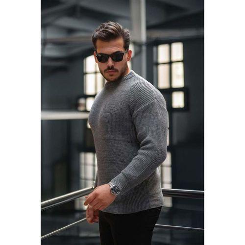 Oversize Selanik Örgülü Bisiklet Yaka Erkek Triko Kazak - Füme