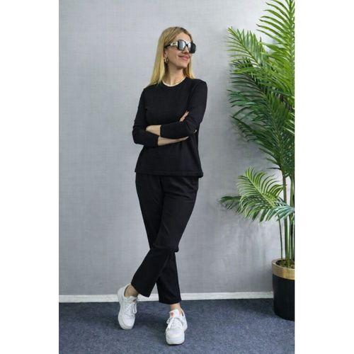 Kadın Uzun Kol Bisiklet Yaka Bürümcük Bluz Ve Pantolon Ikili Takım