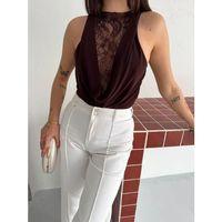 Dantel Detaylı Derin Dekolte Body Şık Kolsuz Yazlık Bodysuit - Kahvrenegi