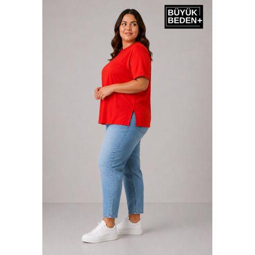 Süperlife Büyük Beden Kadın Bisiklet Yaka Yırtmaç Detaylı 3XL-6XL Tunik Tişört SPR26BTSK501