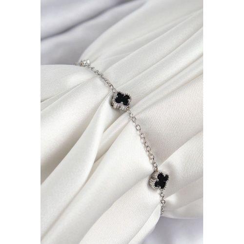 316L Çelik Siyah Sedef Yonca Model Gümüş Renk Kadın Bileklik