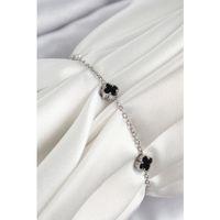 316L Çelik Siyah Sedef Yonca Model Gümüş Renk Kadın Bileklik