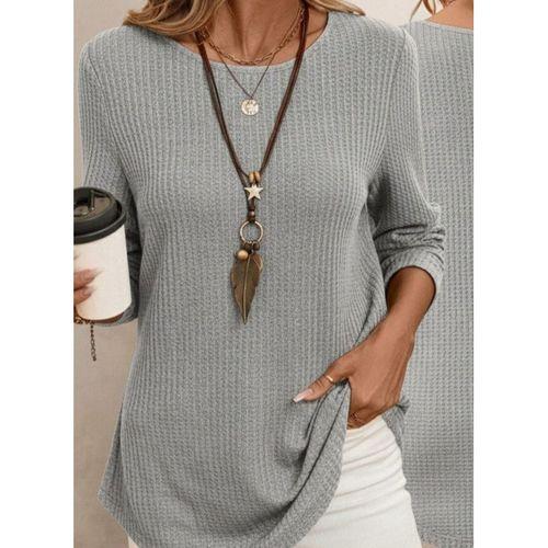 Kadın Uzun Kollu Yuvarlak Yaka Arkadan Düğmeli Waffle Bluz