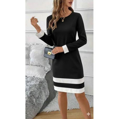 Kadın Uzun Kollu Yuvarlak Yaka Etek Ucu şerit Detaylı Mini Siyah Beyaz Dalgıç Elbise