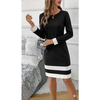 Kadın Uzun Kollu Yuvarlak Yaka Etek Ucu şerit Detaylı Mini Siyah Beyaz Dalgıç Elbise