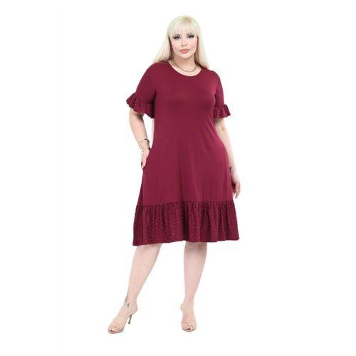 Melsay Butik Kolları Taş Baskılı Fırfırlı Kısa Kollu Bordo Kadın Midi Elbise