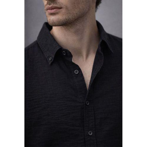 Pera Kumaş Keten Görünümlü Yarım Oversize Uzun kollu Erkek Gömlek - Siyah