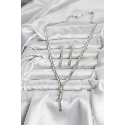 Gümüş Renk Baget Zirkon Taşlı Kadın Kolye Küpe Set