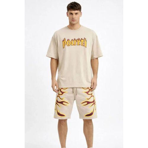 Erkek Bej Oversize Baskılı Tişört Şort Takım Cepli Şort Yazlık Rahat Günlük Kombin - Bej