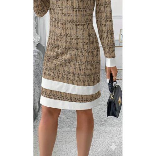 Kadın Uzun Kollu Yuvarlak Yaka Etek Ucu şerit Detaylı Mini Dokuma Elbise