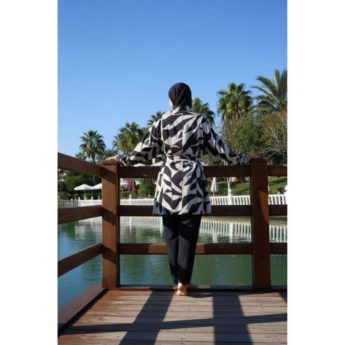 Estiva 26969 Siyah Abstract Tam Kapalı Pantolonlu Kuşak Detaylı Tesettür Mayo