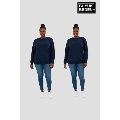 Kadın Büyük Beden Bisiklet Yaka 2’li Set-Rahat Kalıp İnce Sweatshirt SPR26BSWK956+2