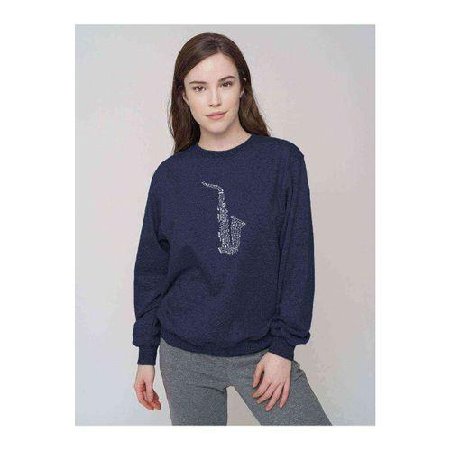 Saksafon Baskılı Indigo Mavi Kadın Sweatshirt