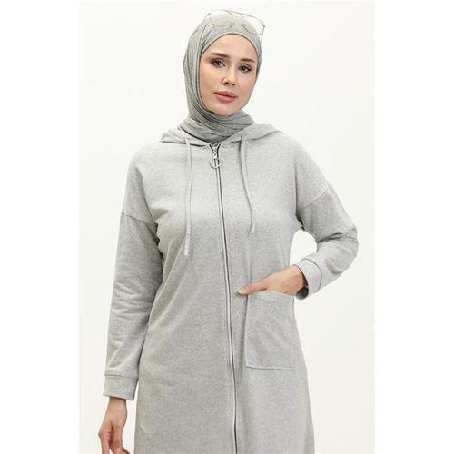 Kapşonlu Fermuarlı Yırtmaçlı Uzun Sweat Pantolon Spor İkili Takım - 03055.008 - Gri
