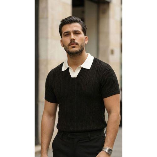 Erkek Desenli Kısa Kollu Triko Tişört - %100 Pamuk Akrilik