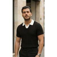 Erkek Desenli Kısa Kollu Triko Tişört - %100 Pamuk Akrilik