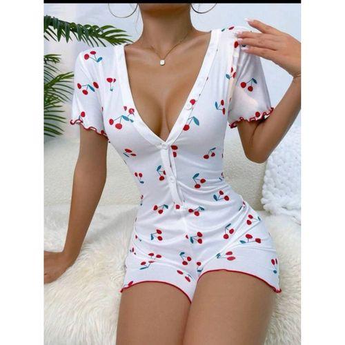 Kadın Göğüs Dekolteli Pinterest Kiraz Desen Full Likralı şort Tulum