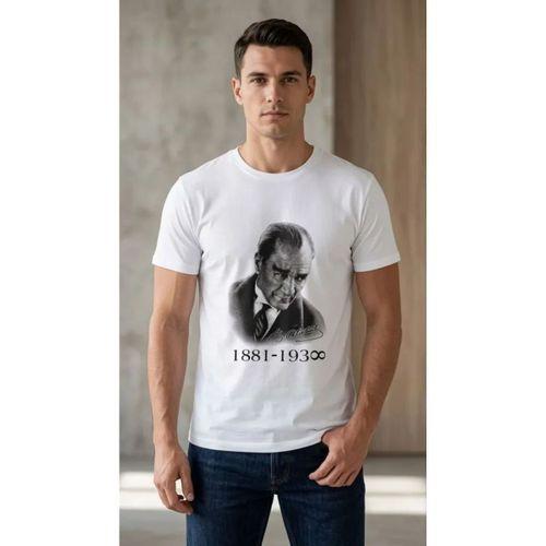 Erkek Atatürk Baskılı Tişört Kısa Kollu Bisiklet Yaka  T-Shirt - Beyaz