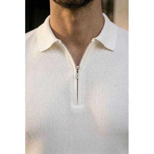 Jeff Selanik Örgü Polo Yaka Yarım Fermuarlı İnce Triko Erkek T-Shirt - Ekru
