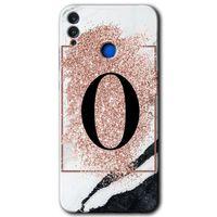 Honor 8x Kılıf HD Desen Baskılı Arka Kapak - Pembe Mermer Desenli O Harfi + Kırılmaz Cam