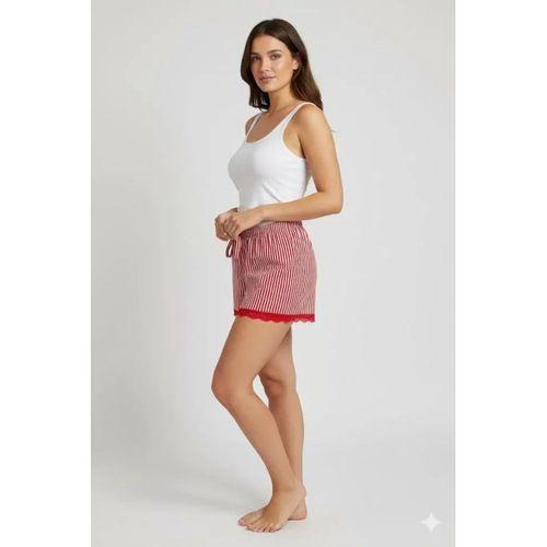 Çizgili Penye Kadın Ev Şortu Bacak Dantel Detaylı Ev Giyim Kırmızı
