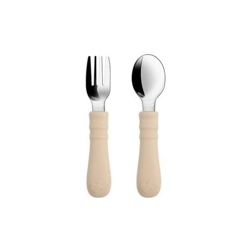 Silikon Saplı Paslanmaz Çelik Bebek Kaşık Çatal Seti Bej