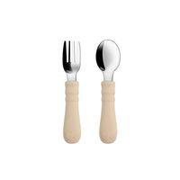 Silikon Saplı Paslanmaz Çelik Bebek Kaşık Çatal Seti Bej