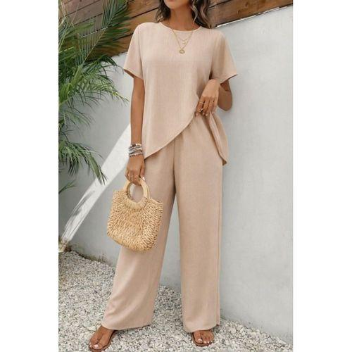 Kadın Kısa Kollu Bisiklet Yaka Asimetrik Kesim Detaylı Bürümcük Bluz Ve Pantolon Ikili Takım