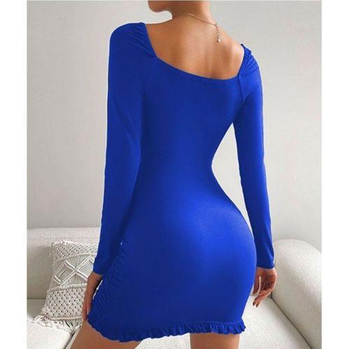 Kadın Uzun Kollu Derin V Yaka Göğüs Altı Dekolte Detay Etek Ucu Fırfırlı Sandy Mini Boy Elbise