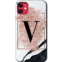 iPhone 11 Kılıf HD Desen Baskılı Arka Kapak - Pembe Mermer Desenli V Harfi + Kırılmaz Cam