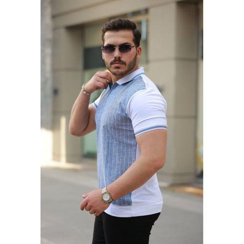 Erkek Fermuar Yakalı çizgili Kısa Kollu Tişört