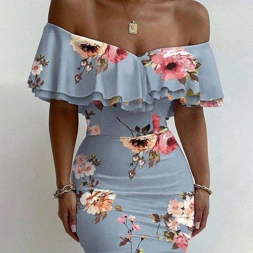 Kadın Madonna Yaka çiçek Baskılı Volan Detay Kalem Elbise