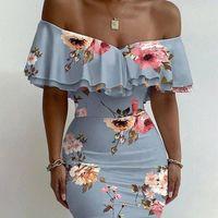 Kadın Madonna Yaka çiçek Baskılı Volan Detay Kalem Elbise