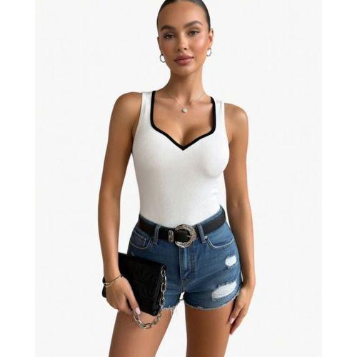 Kadın Beyaz Kalp Yaka Siyah Biyeli Kaşkorse Bluz Atlet