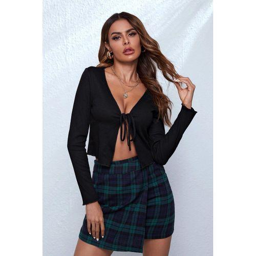 Kadın Siyah Uzun Kollu Önden Bağlama Detaylı Crop Top Bluz