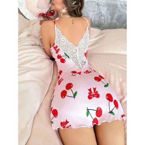 Kadın Kiraz Desenli Dantel Detaylı Askılı Elbise 5067