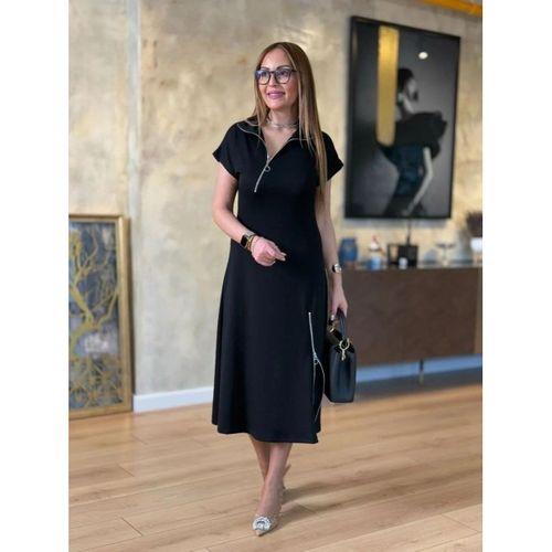 Kadın Kısa Kollu Yakadan Ve Etekten Fermuarlı Midi Viskon Iki Iplik Elbise